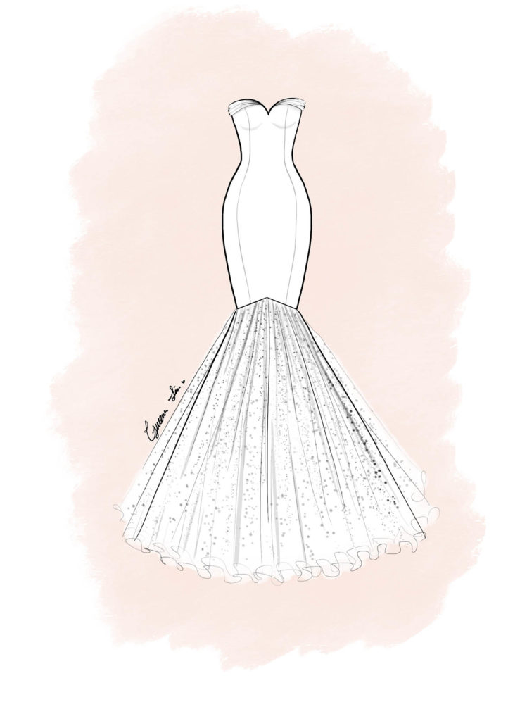 hand-drawn illustration of mermaid wedding dress silhouette